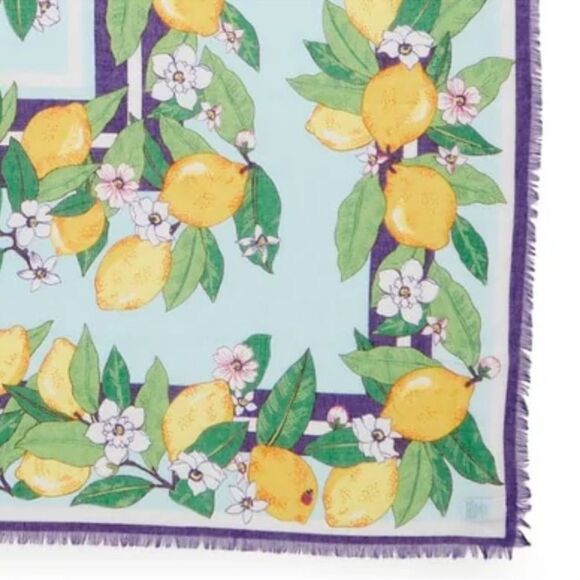 Vera Bradley Lemon Grove Blue Yellow Green Purple White Blossoms Fringe Scarf - Picture 8 of 12